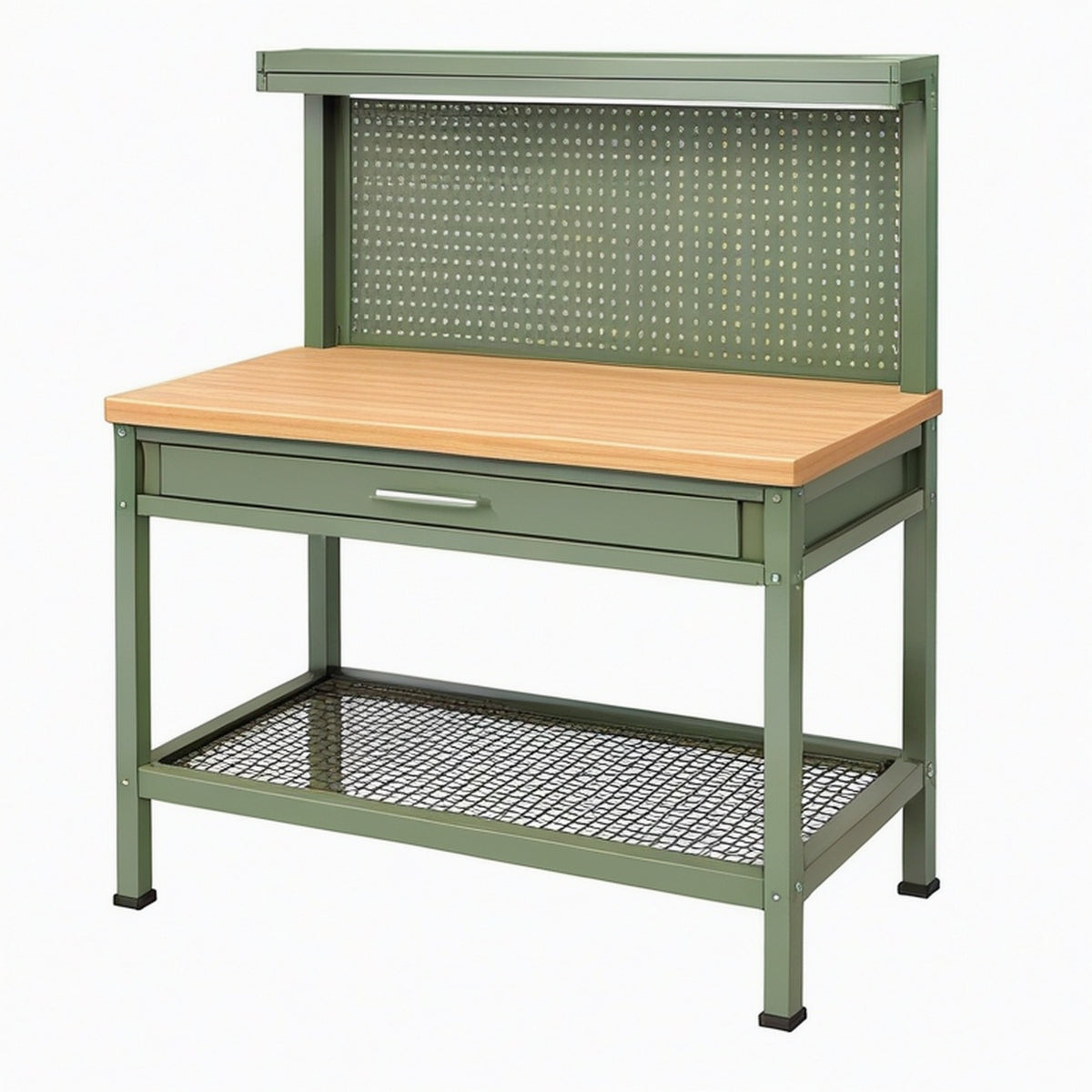 Établi d'atelier 120 x 60 x 150 cm en acier vert et bois avec tiroir panneau perforé et rangement