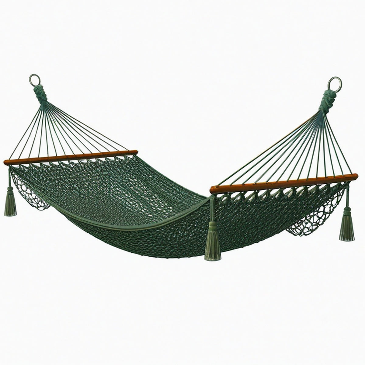 Hamac 300 x 100 x 120 cm en corde textile vert foncé avec barres en bois à suspendre