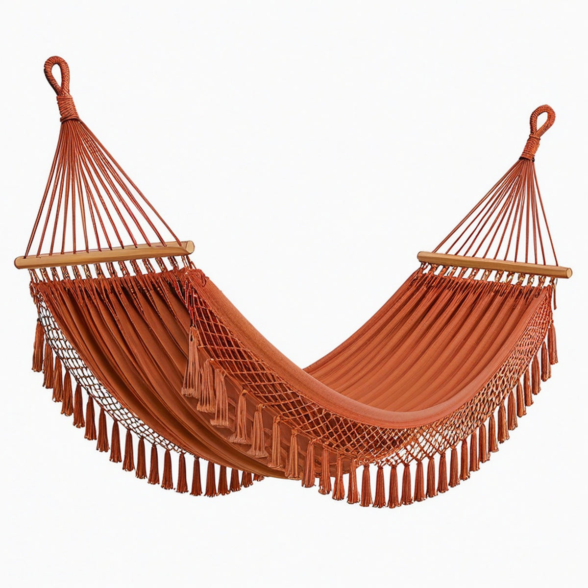 Hamac 300 x 100 cm en tissu terracotta avec barres en bois style bohème