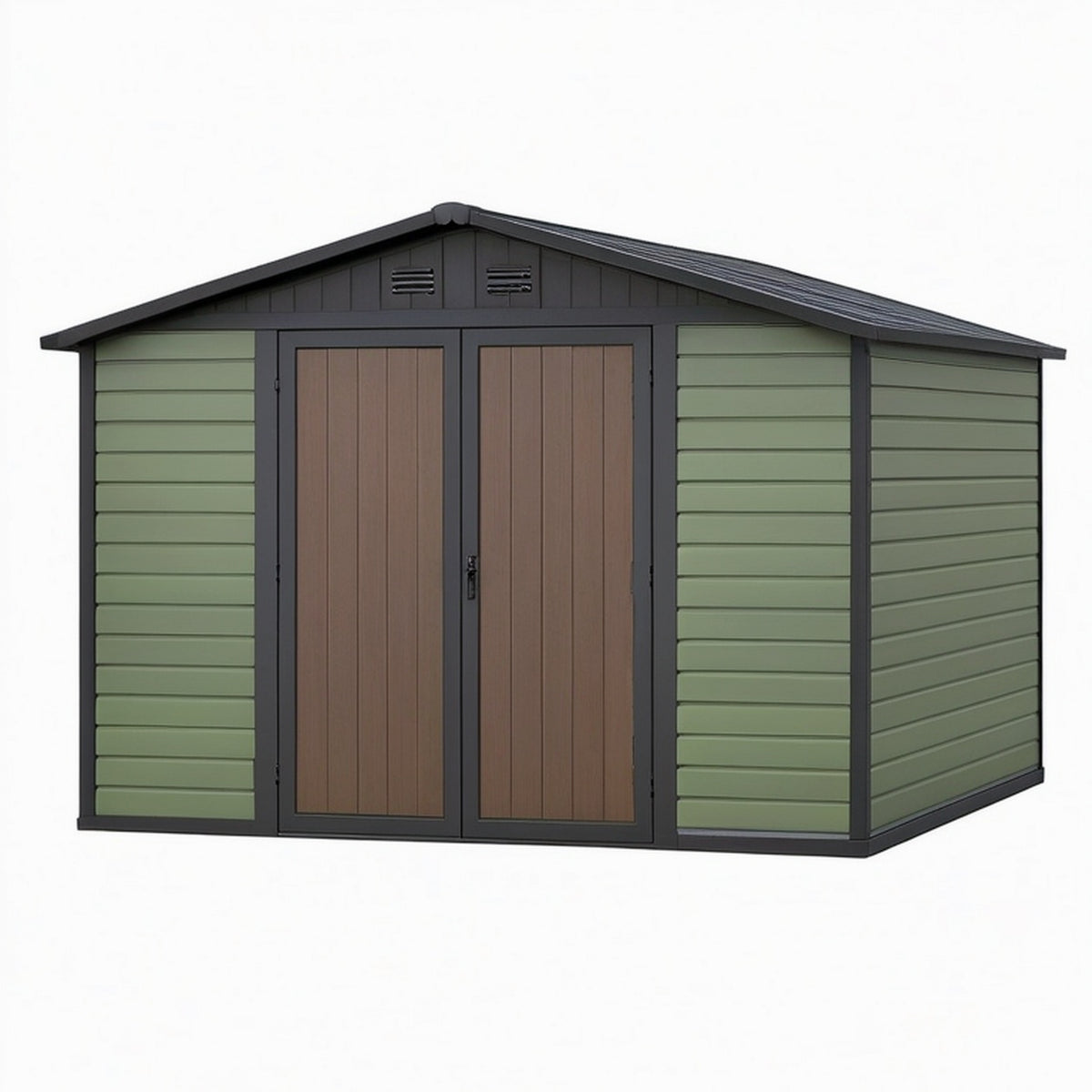 Abri de jardin 240 x 180 x 220 cm en résine vert olive et brun - rangement extérieur à double porte