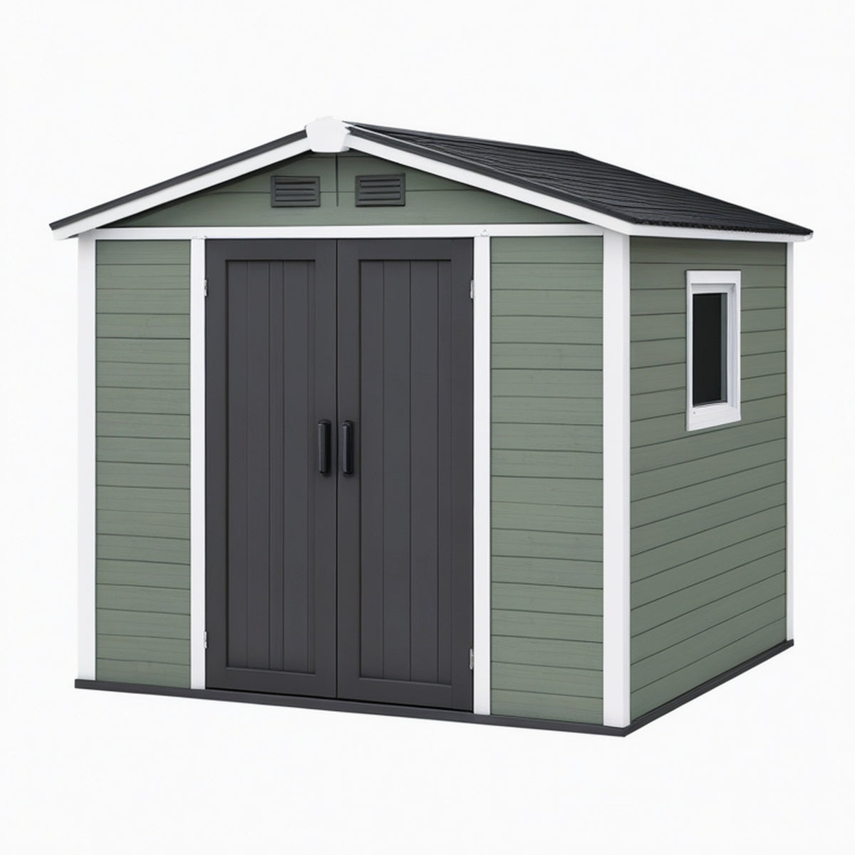 Abri de jardin 240 x 180 x 210 cm en résine vert gris avec double porte style chalet
