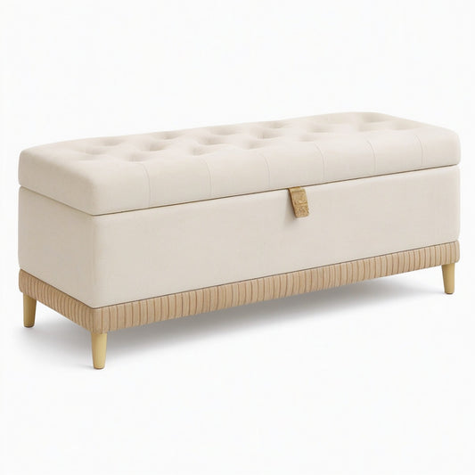 Banc de rangement 120 x 45 cm en tissu effet velours beige capitonné avec assise rembourrée