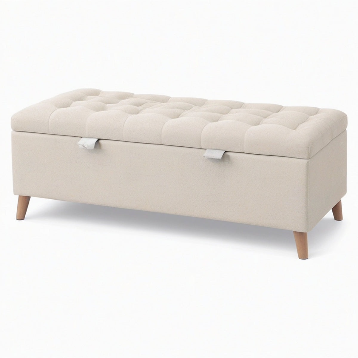 Banc coffre 110 x 45 x 46 cm en tissu beige avec assise capitonnée style scandinave