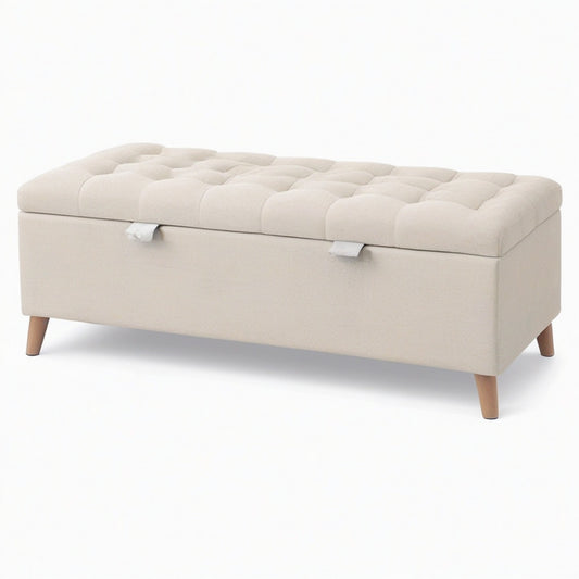 Banc coffre 110 x 45 x 46 cm en tissu beige avec assise capitonnée style scandinave