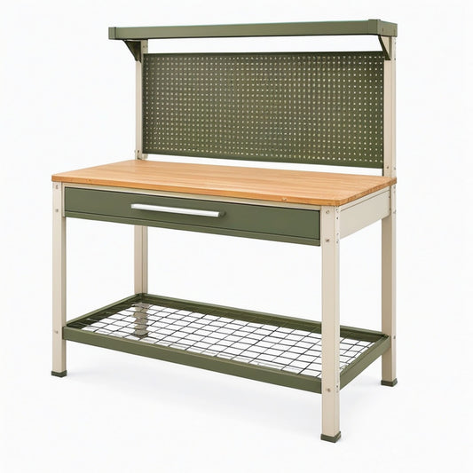 Établi d'atelier 120 x 60 x 180 cm en acier et bois vert kaki avec tiroir rangement