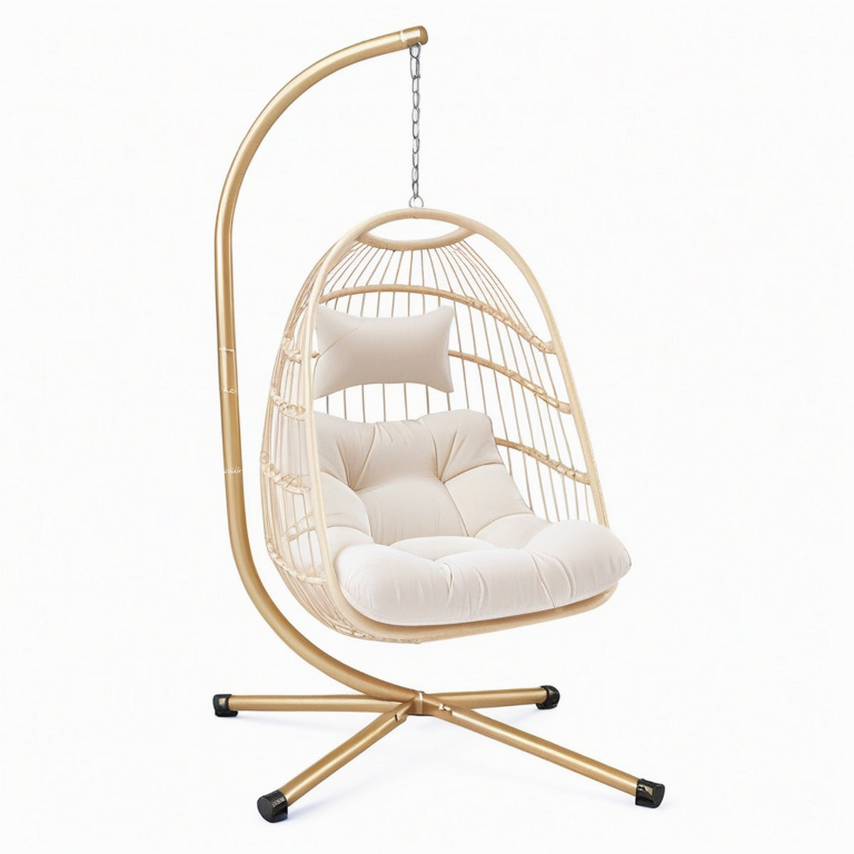 Fauteuil suspendu 105 x 105 x 195 cm en acier et fibres tressées beige doré style bohème