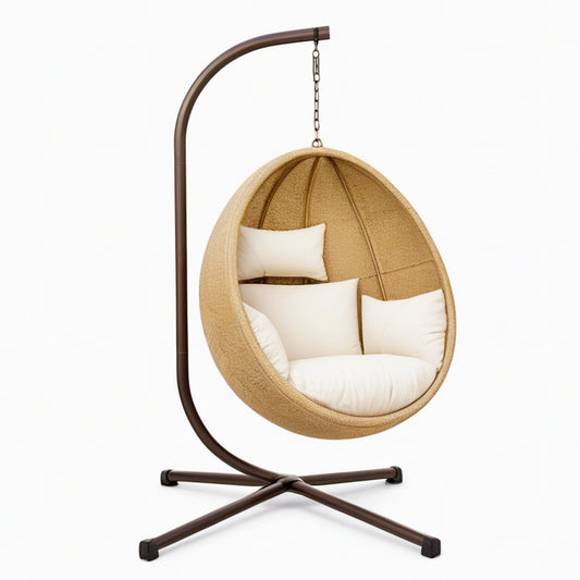 Fauteuil suspendu œuf 120 x 100 x 195 cm en fibre tressée beige avec support en acier style bohème