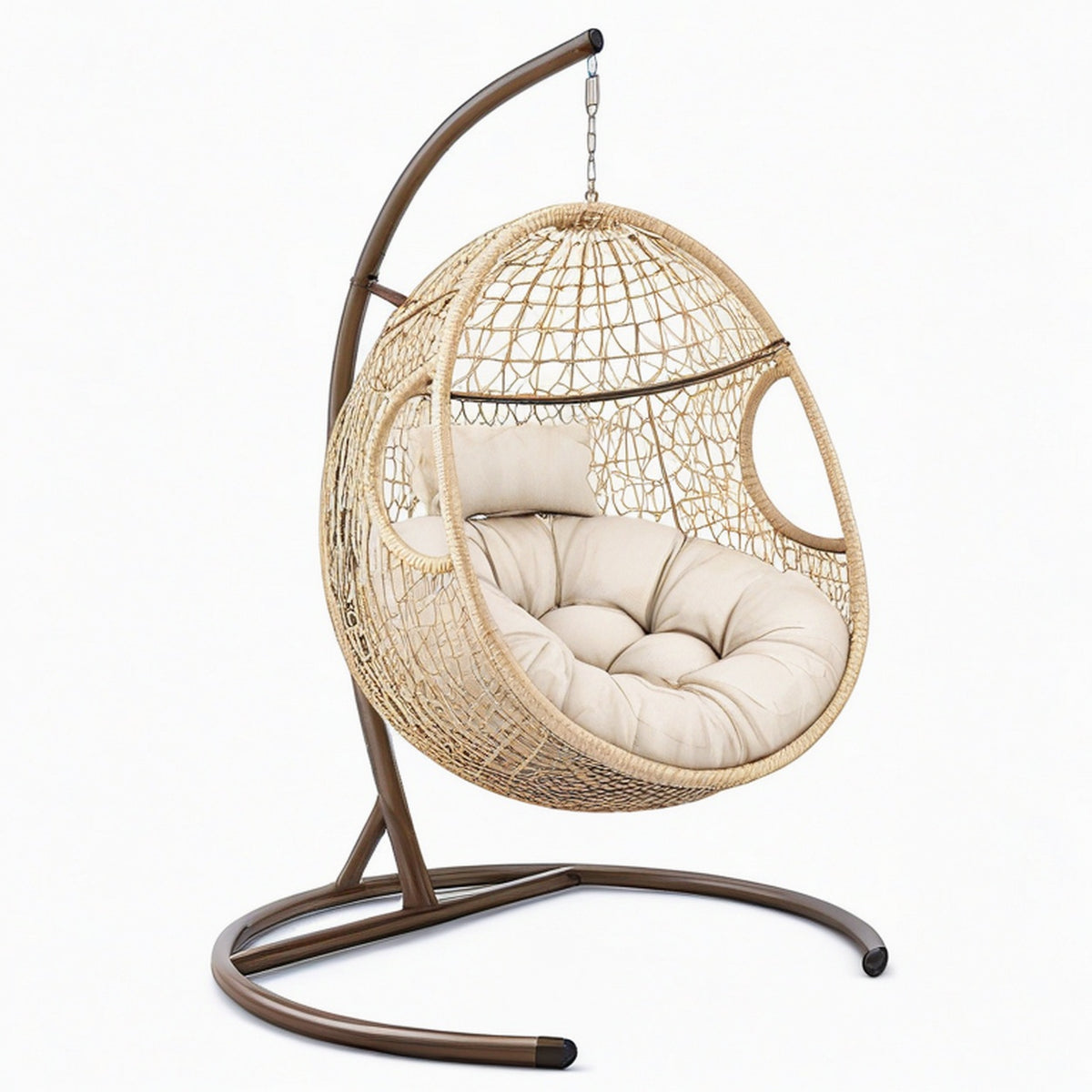 Fauteuil suspendu 105 x 105 x 195 cm en rotin tressé beige avec support en acier marron style bohème