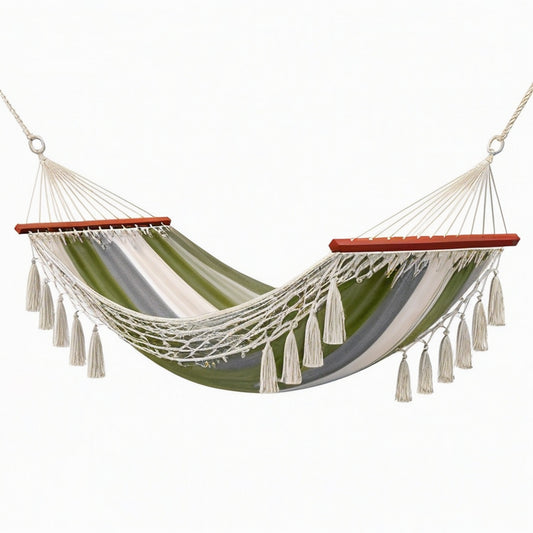 Hamac 200 x 80 cm en coton vert gris blanc style bohème à franges