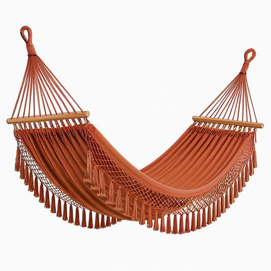 Hamac 300 x 100 cm en tissu terracotta avec barres en bois style bohème