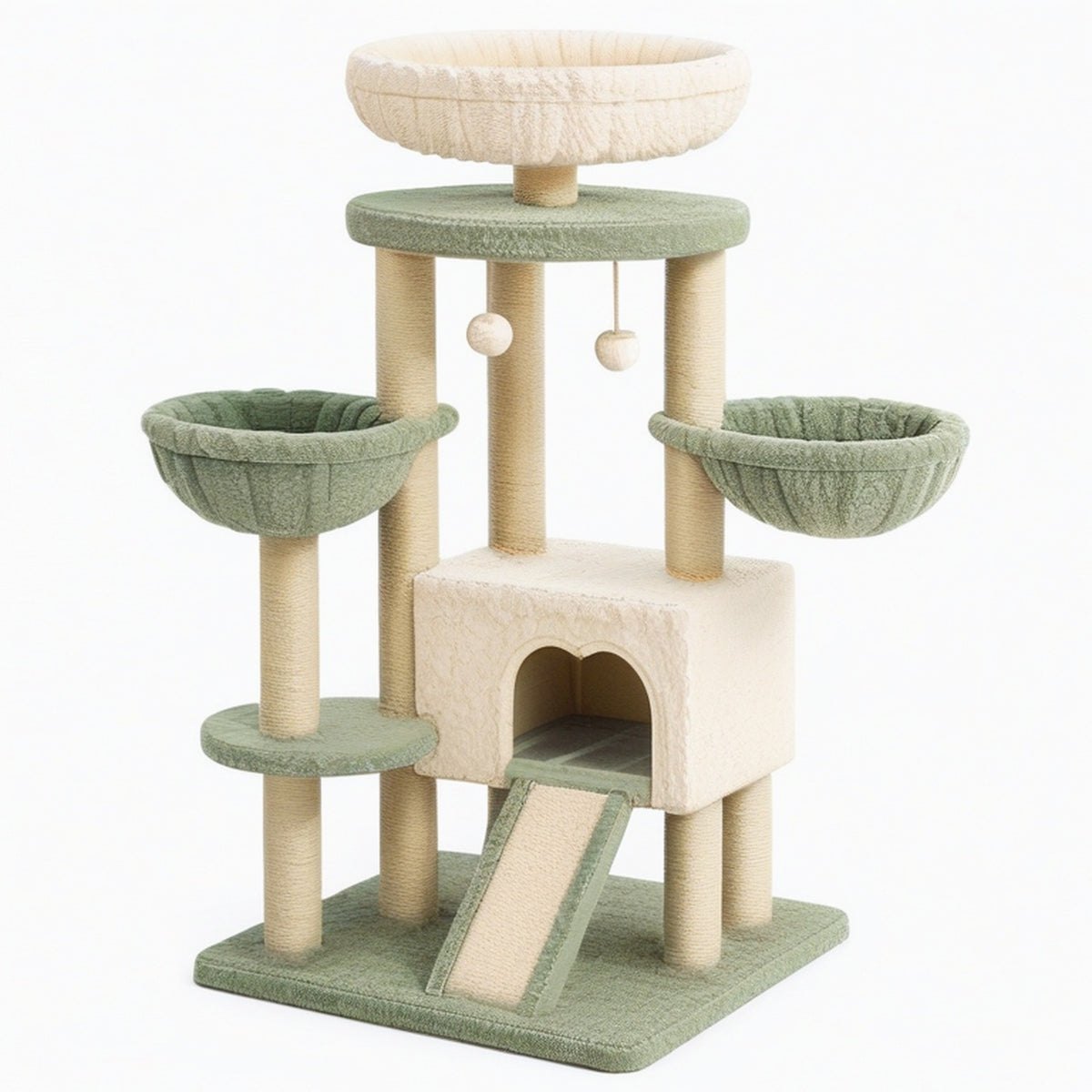 Arbre à chat 50 x 50 x 150 cm en peluche vert sauge et écru avec griffoirs et niches