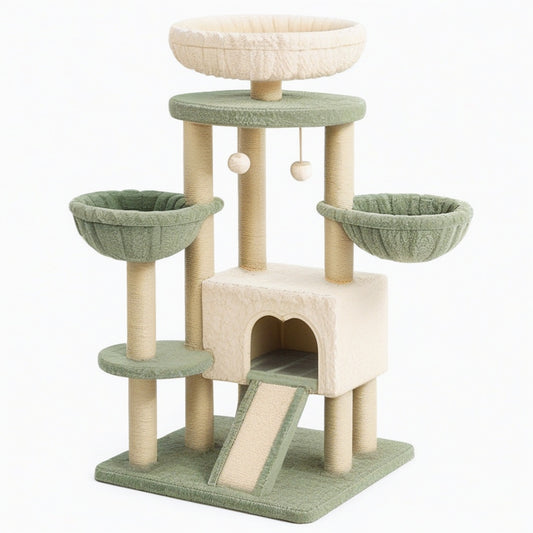 Arbre à chat 50 x 50 x 150 cm en peluche vert sauge et écru avec griffoirs et niches