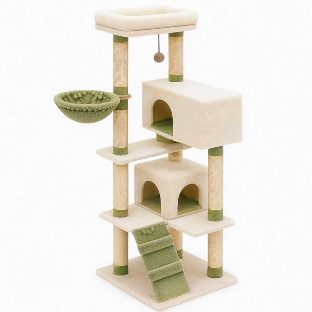Arbre à chat 60 x 60 x 140 cm beige et vert en sisal avec niches et griffoir