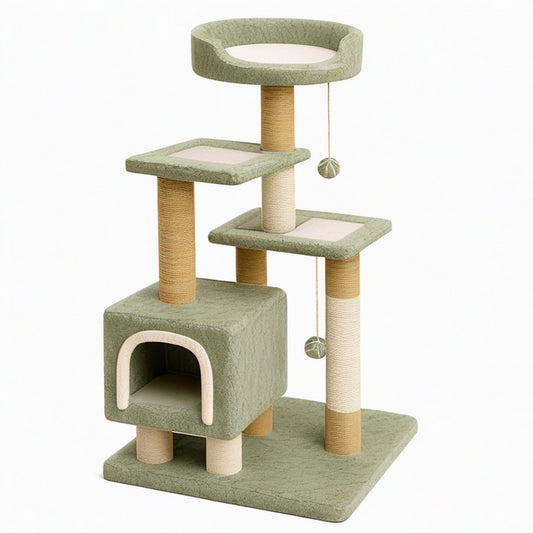 Arbre à chat 60 x 60 x 150 cm en peluche verte avec griffoirs en sisal et niche