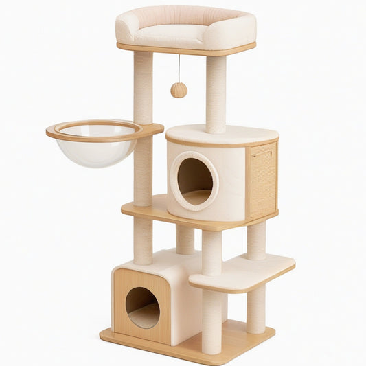Arbre à chat 60 x 50 x 150 cm en bois beige avec griffoirs niches et plateformes