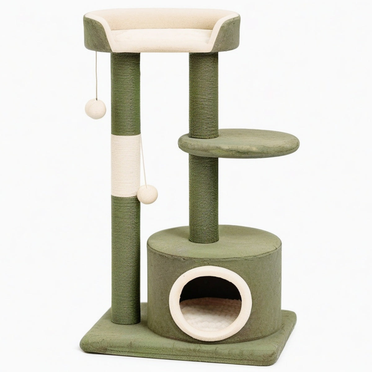 Arbre à chat 50 x 50 x 135 cm vert et écru en sisal avec niche et plateformes