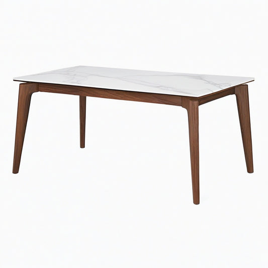 Table de salle à manger 160 x 90 cm plateau aspect marbre blanc piètement bois noyer style moderne