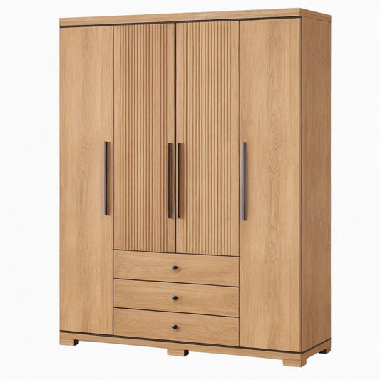 Armoire 160 x 60 x 200 cm en panneaux de bois chêne naturel avec 4 portes et 3 tiroirs style contemporain