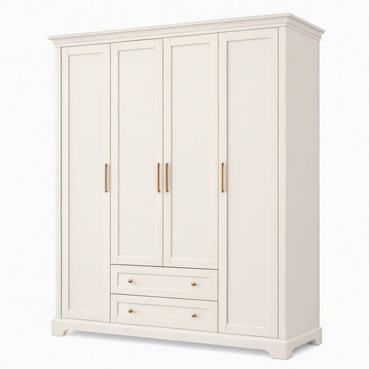 Armoire 180 x 60 x 220 cm en bois d'ingénierie blanc cassé à 4 portes avec 2 tiroirs