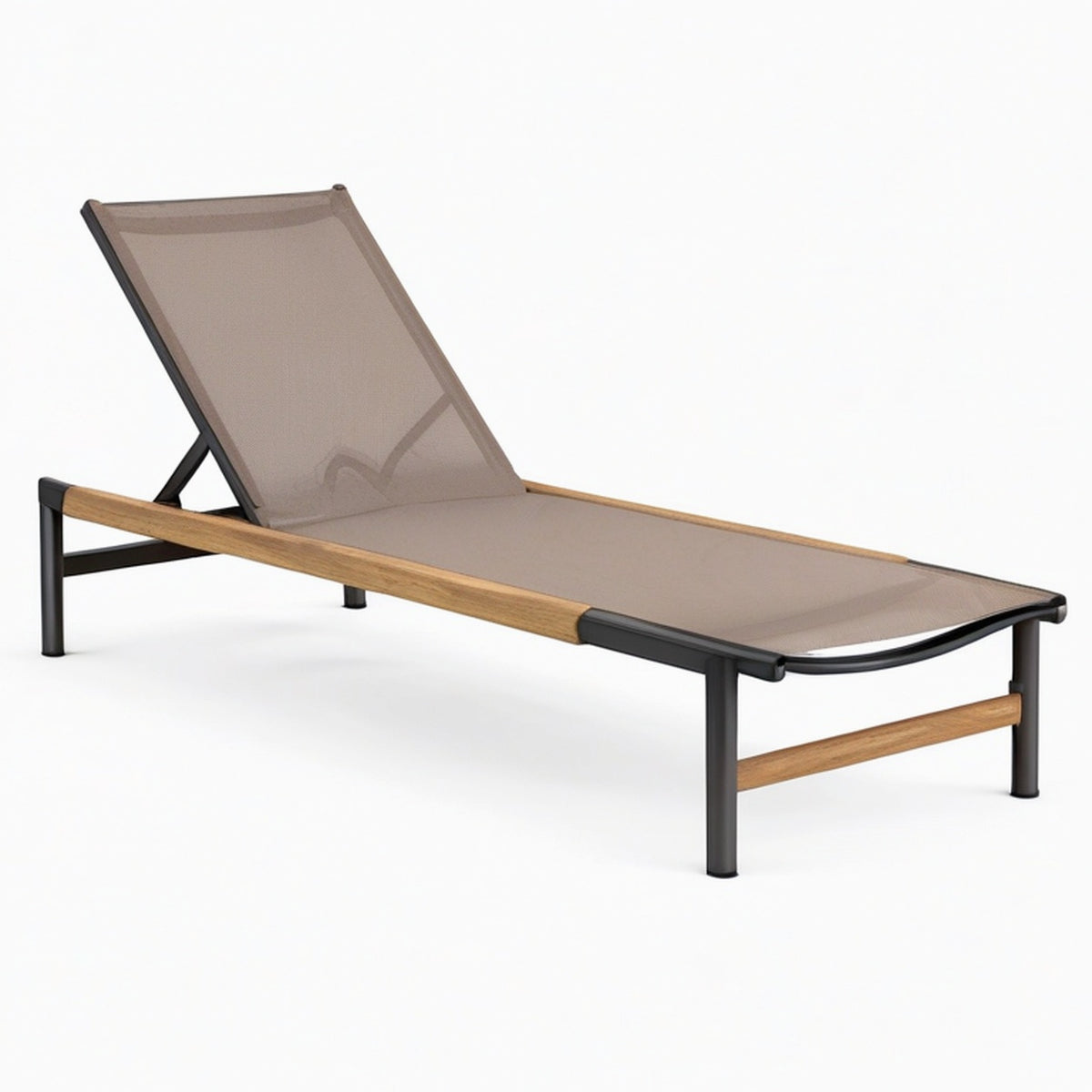 Chaise longue de jardin 200 x 70 cm en aluminium bois et textilène taupe réglable