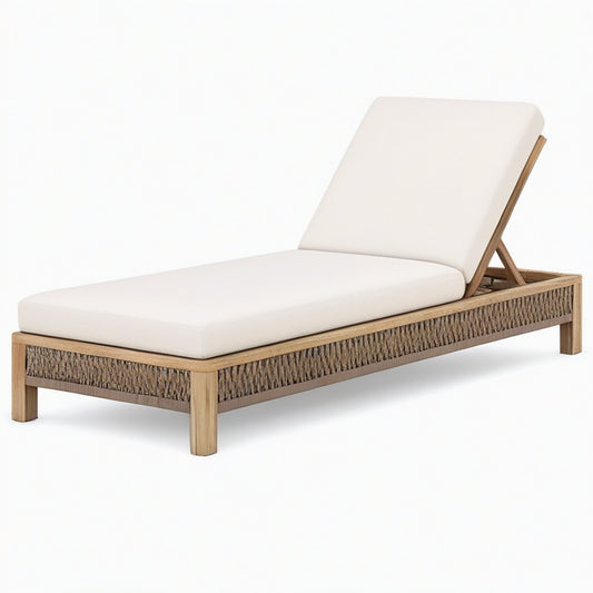 Bain de soleil 200 x 70 cm en bois et corde tressée beige pour extérieur dossier inclinable